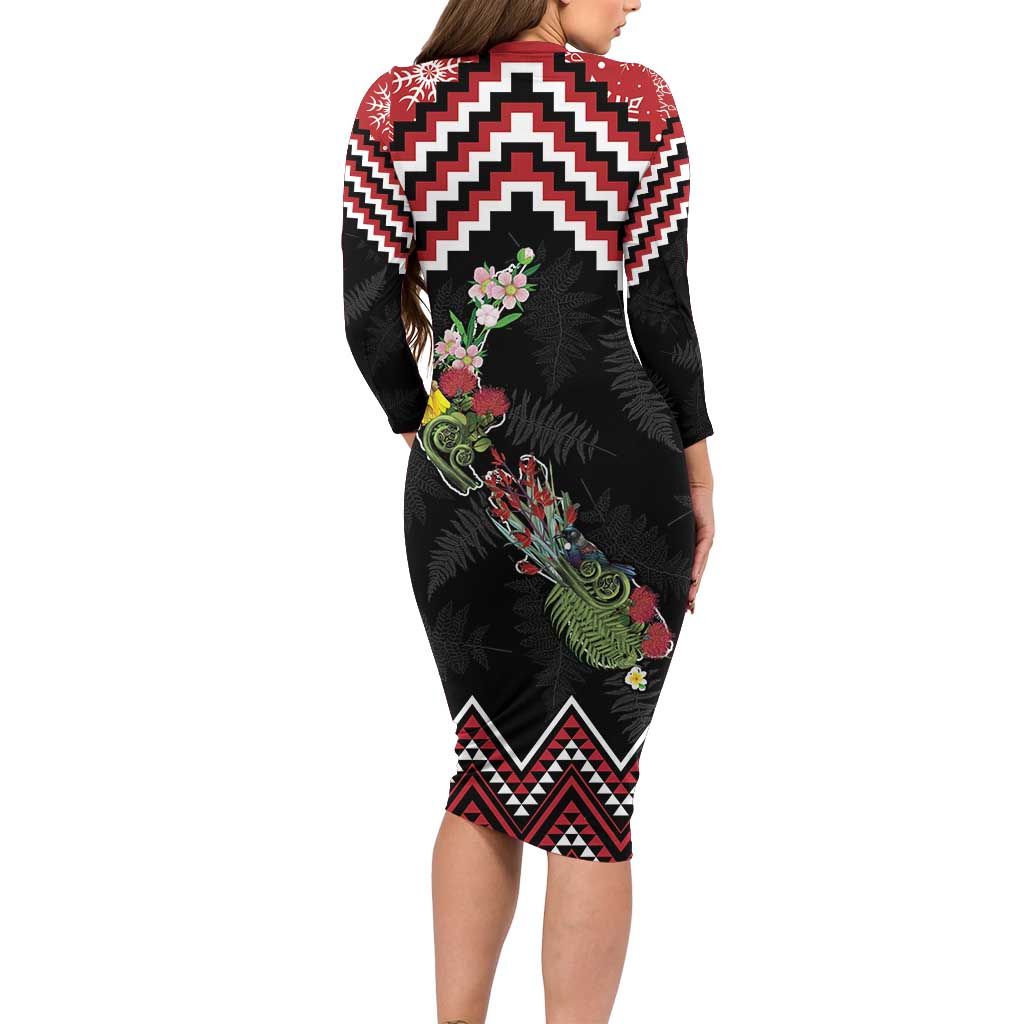 New Zealand Christmas Taniko Poutama Long Sleeve Bodycon Dress Flora Map with Birds - Aussie Hoodie