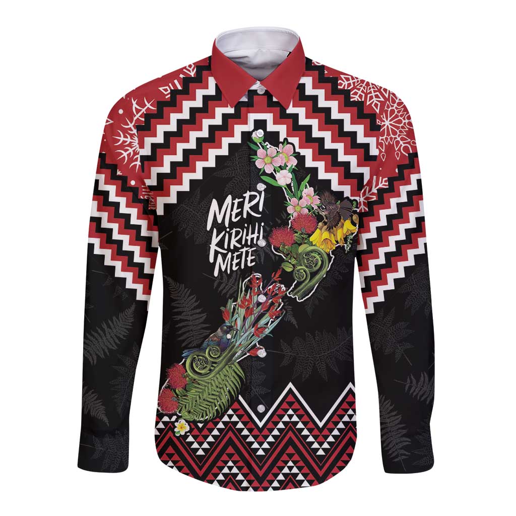 New Zealand Christmas Taniko Poutama Long Sleeve Button Shirt Flora Map with Birds - Aussie Hoodie