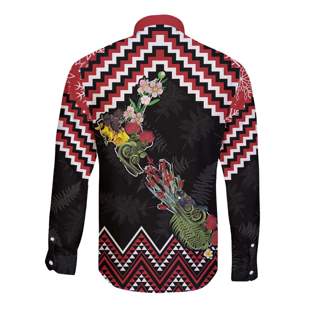 New Zealand Christmas Taniko Poutama Long Sleeve Button Shirt Flora Map with Birds - Aussie Hoodie