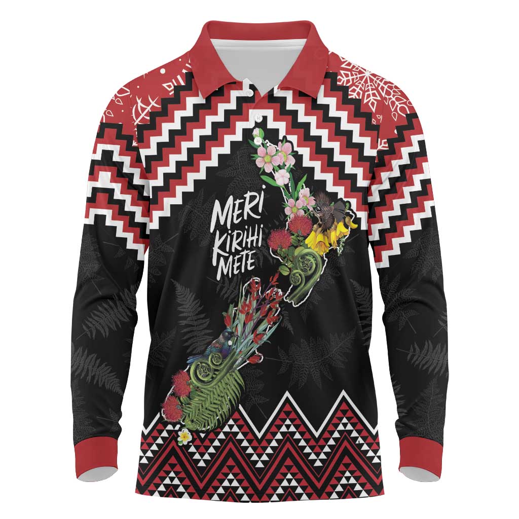 New Zealand Christmas Taniko Poutama Long Sleeve Polo Shirt Flora Map with Birds - Aussie Hoodie