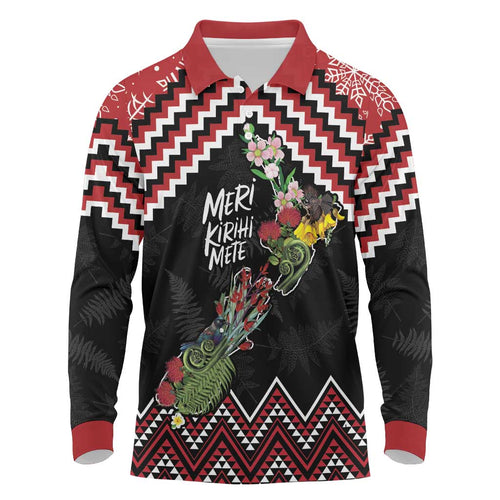 New Zealand Christmas Taniko Poutama Long Sleeve Polo Shirt Flora Map with Birds - Aussie Hoodie