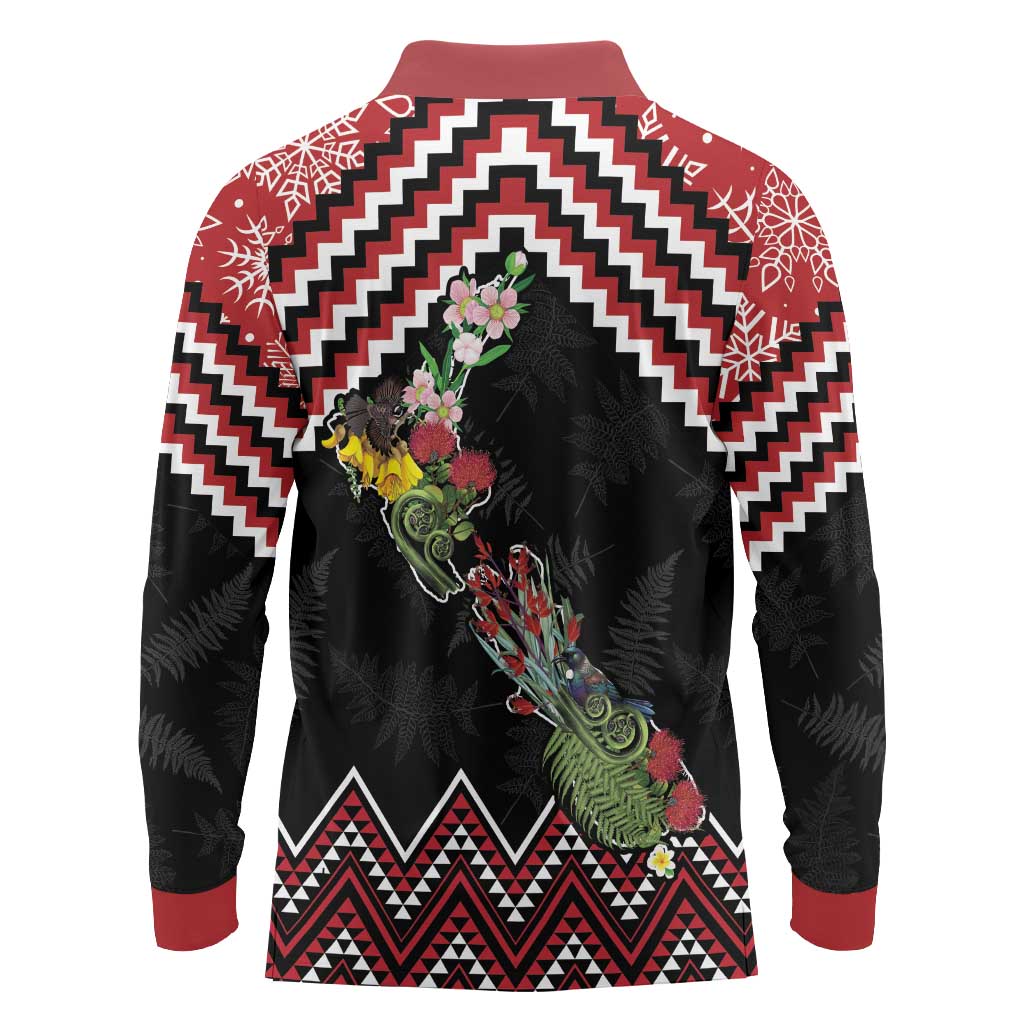 New Zealand Christmas Taniko Poutama Long Sleeve Polo Shirt Flora Map with Birds - Aussie Hoodie