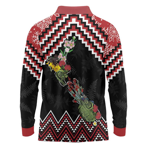New Zealand Christmas Taniko Poutama Long Sleeve Polo Shirt Flora Map with Birds - Aussie Hoodie