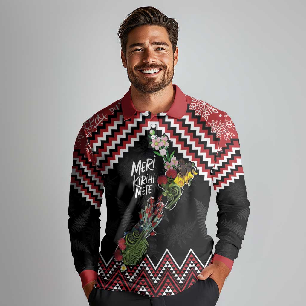 New Zealand Christmas Taniko Poutama Long Sleeve Polo Shirt Flora Map with Birds - Aussie Hoodie