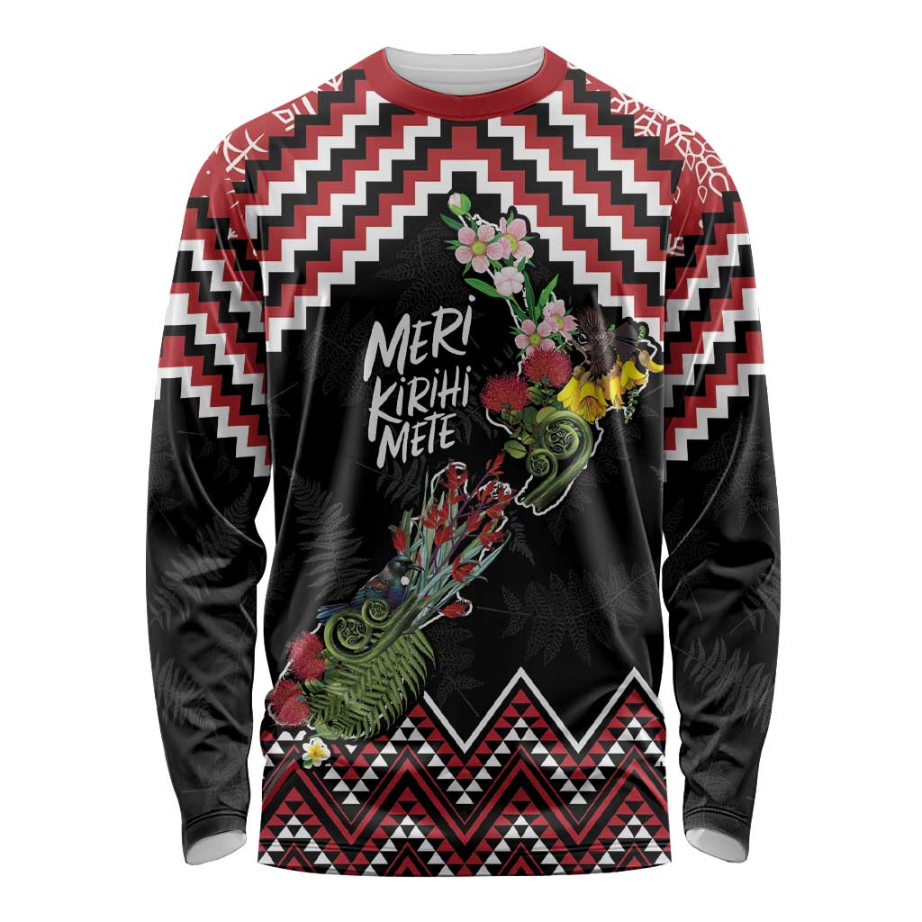 New Zealand Christmas Taniko Poutama Long Sleeve Shirt Flora Map with Birds - Aussie Hoodie