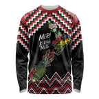 New Zealand Christmas Taniko Poutama Long Sleeve Shirt Flora Map with Birds - Aussie Hoodie