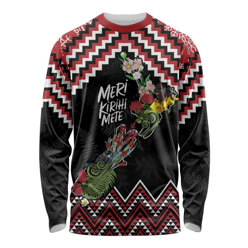 New Zealand Christmas Taniko Poutama Long Sleeve Shirt Flora Map with Birds - Aussie Hoodie