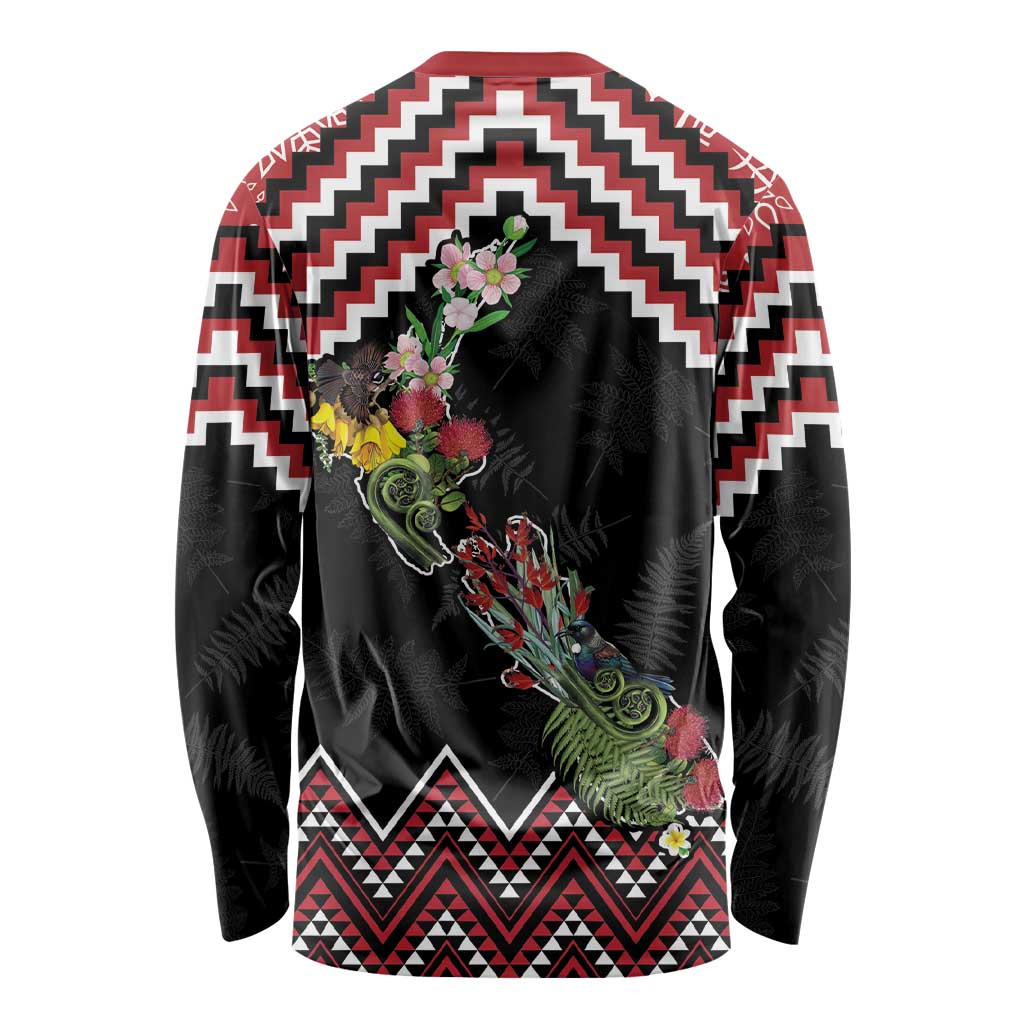 New Zealand Christmas Taniko Poutama Long Sleeve Shirt Flora Map with Birds - Aussie Hoodie