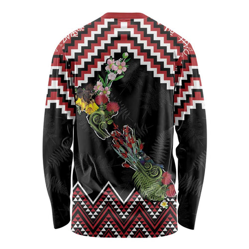 New Zealand Christmas Taniko Poutama Long Sleeve Shirt Flora Map with Birds - Aussie Hoodie