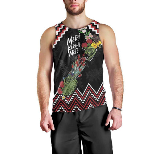 New Zealand Christmas Taniko Poutama Men Tank Top Flora Map with Birds - Aussie Hoodie