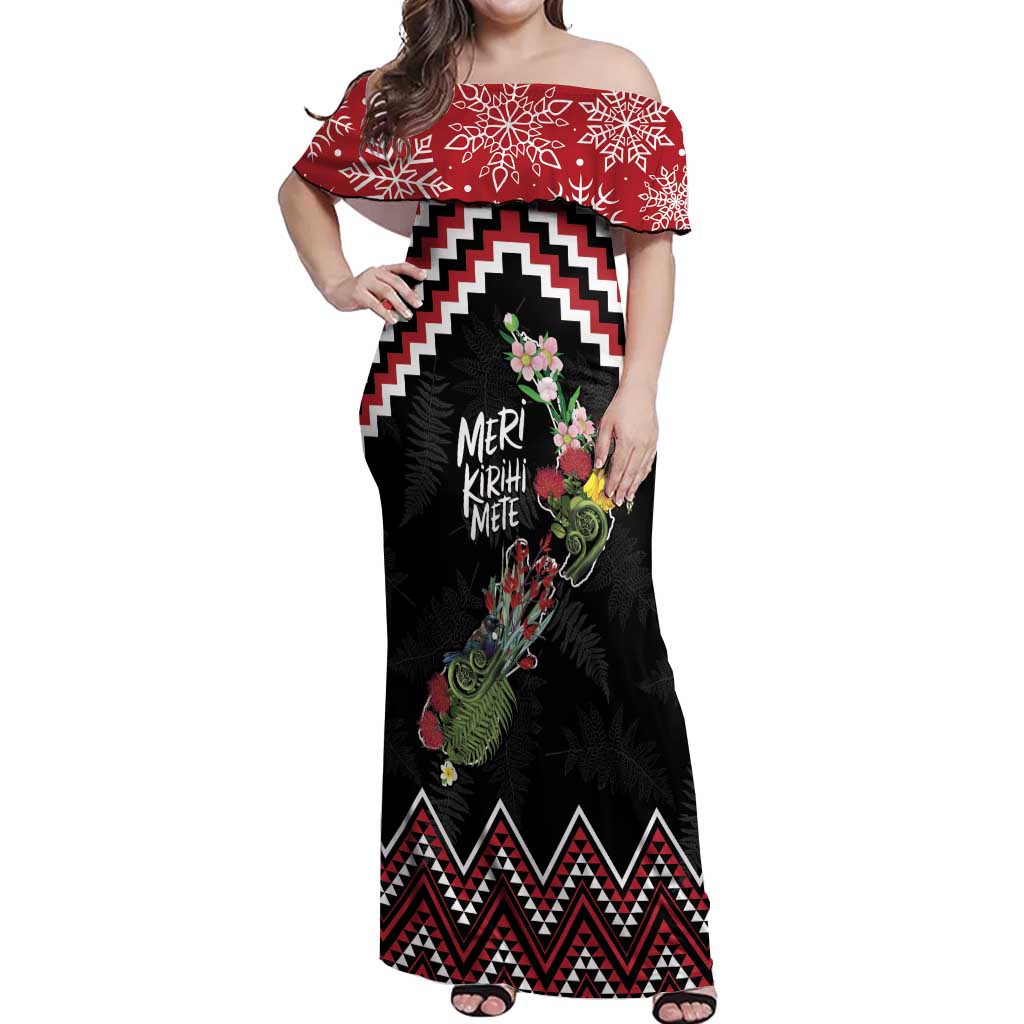New Zealand Christmas Taniko Poutama Off Shoulder Maxi Dress Flora Map with Birds - Aussie Hoodie
