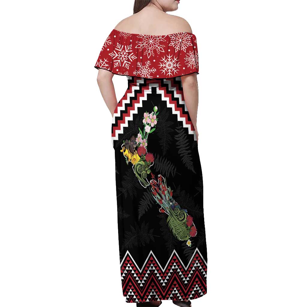 New Zealand Christmas Taniko Poutama Off Shoulder Maxi Dress Flora Map with Birds - Aussie Hoodie