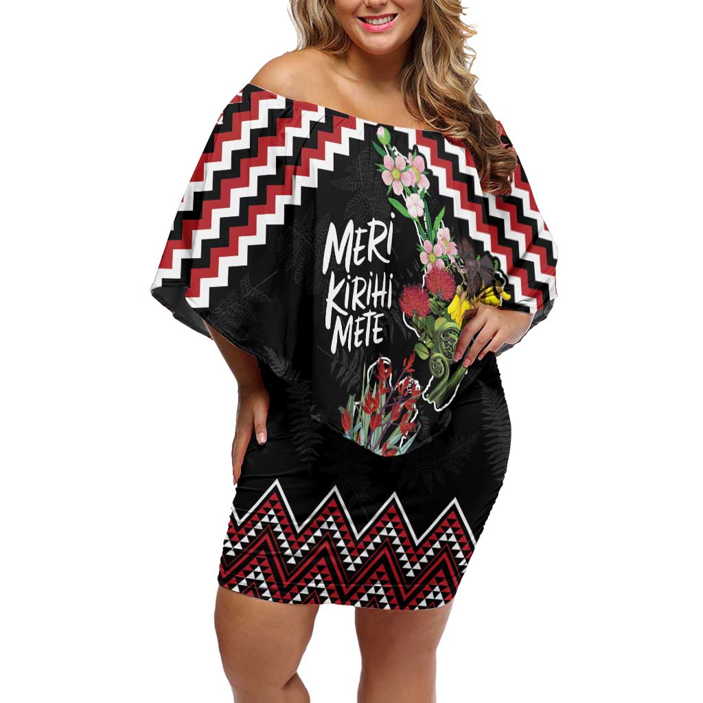 New Zealand Christmas Taniko Poutama Off Shoulder Short Dress Flora Map with Birds - Aussie Hoodie