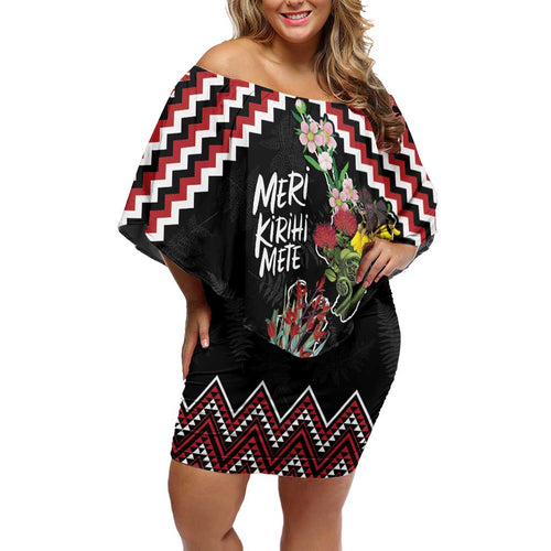 New Zealand Christmas Taniko Poutama Off Shoulder Short Dress Flora Map with Birds - Aussie Hoodie