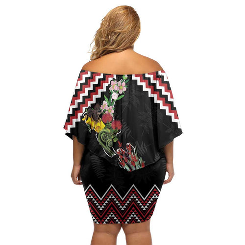 New Zealand Christmas Taniko Poutama Off Shoulder Short Dress Flora Map with Birds - Aussie Hoodie