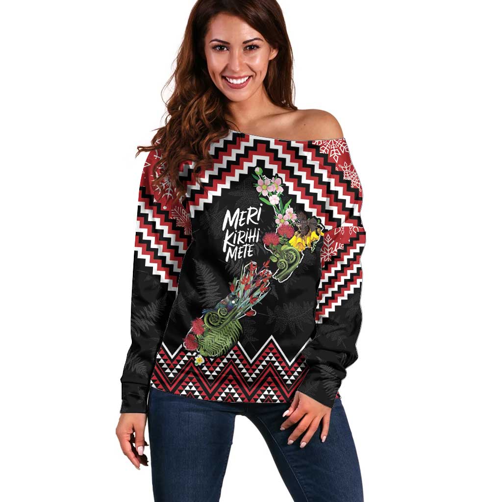 New Zealand Christmas Taniko Poutama Off Shoulder Sweater Flora Map with Birds - Aussie Hoodie