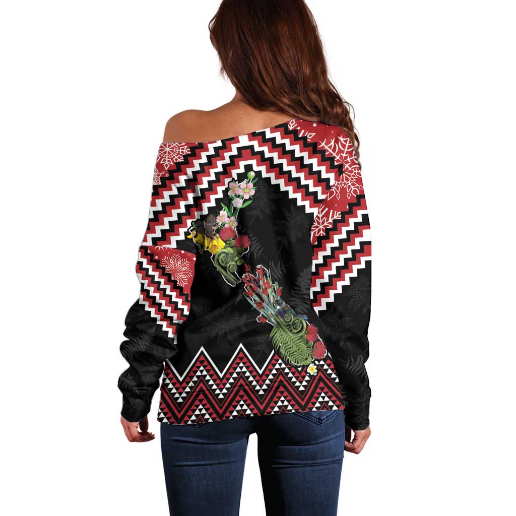 New Zealand Christmas Taniko Poutama Off Shoulder Sweater Flora Map with Birds - Aussie Hoodie