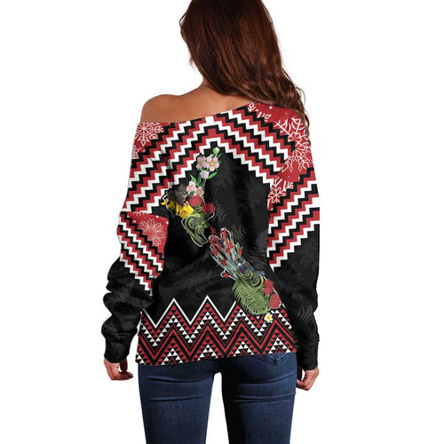 New Zealand Christmas Taniko Poutama Off Shoulder Sweater Flora Map with Birds - Aussie Hoodie