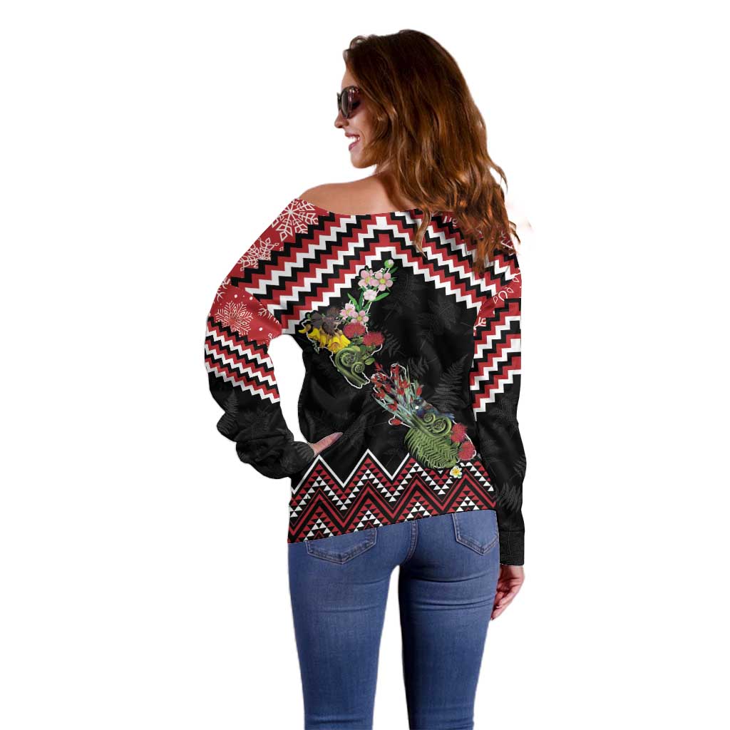 New Zealand Christmas Taniko Poutama Off Shoulder Sweater Flora Map with Birds - Aussie Hoodie
