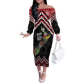 New Zealand Christmas Taniko Poutama Off The Shoulder Long Sleeve Dress Flora Map with Birds - Aussie Hoodie