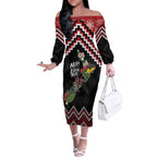 New Zealand Christmas Taniko Poutama Off The Shoulder Long Sleeve Dress Flora Map with Birds - Aussie Hoodie