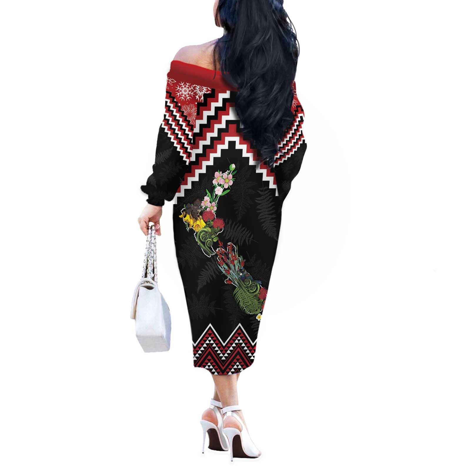 New Zealand Christmas Taniko Poutama Off The Shoulder Long Sleeve Dress Flora Map with Birds - Aussie Hoodie
