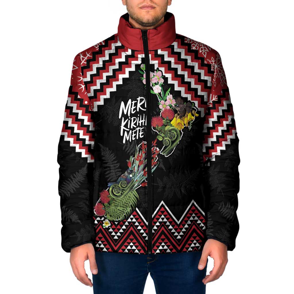 New Zealand Christmas Taniko Poutama Padded Jacket Flora Map with Birds - Aussie Hoodie