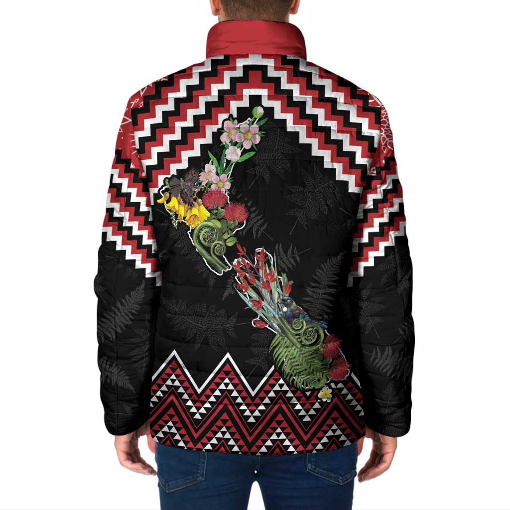 New Zealand Christmas Taniko Poutama Padded Jacket Flora Map with Birds - Aussie Hoodie