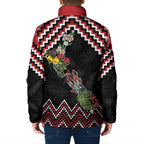 New Zealand Christmas Taniko Poutama Padded Jacket Flora Map with Birds - Aussie Hoodie