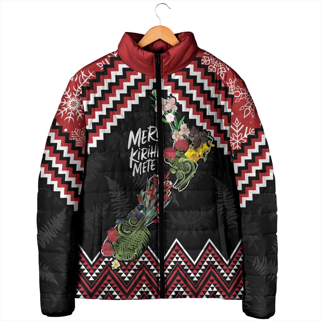 New Zealand Christmas Taniko Poutama Padded Jacket Flora Map with Birds - Aussie Hoodie