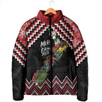 New Zealand Christmas Taniko Poutama Padded Jacket Flora Map with Birds - Aussie Hoodie