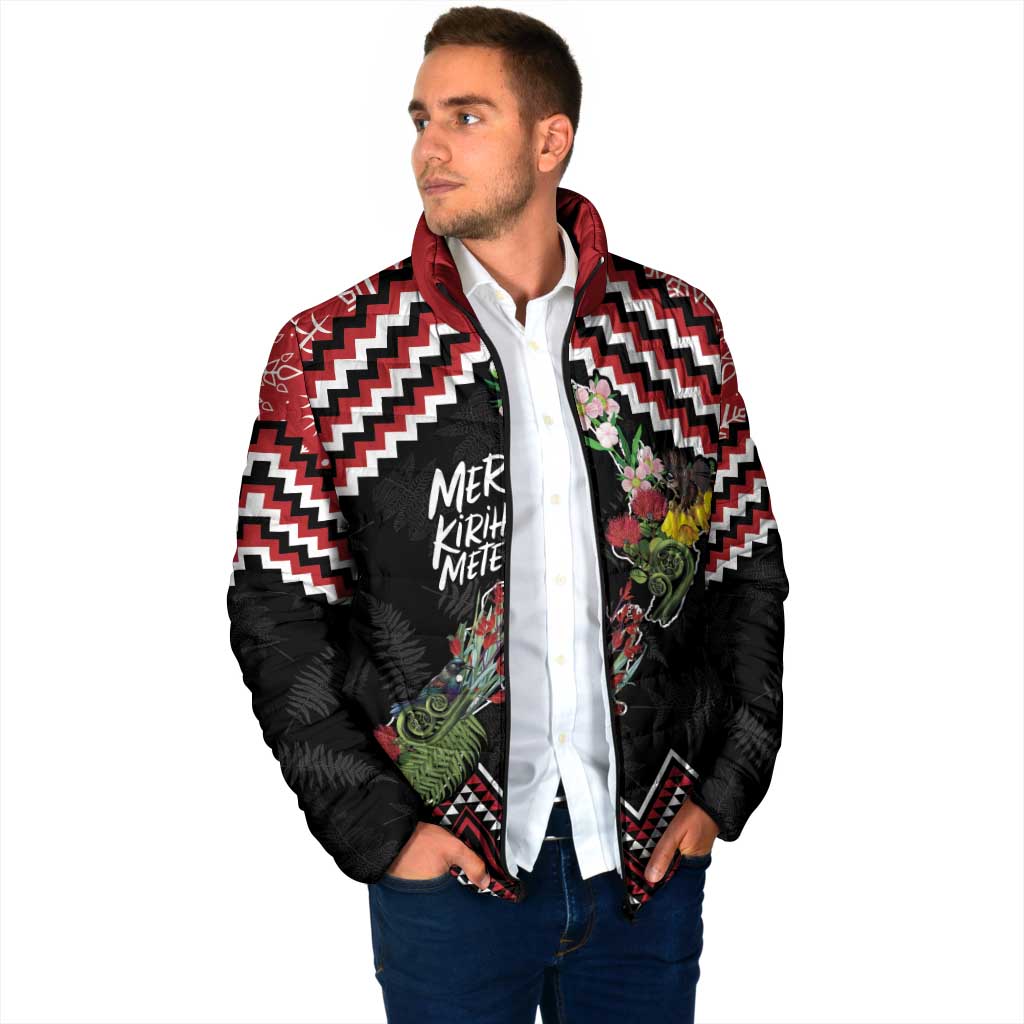 New Zealand Christmas Taniko Poutama Padded Jacket Flora Map with Birds - Aussie Hoodie