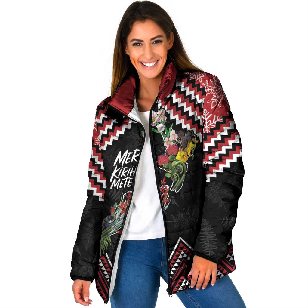 New Zealand Christmas Taniko Poutama Padded Jacket Flora Map with Birds - Aussie Hoodie