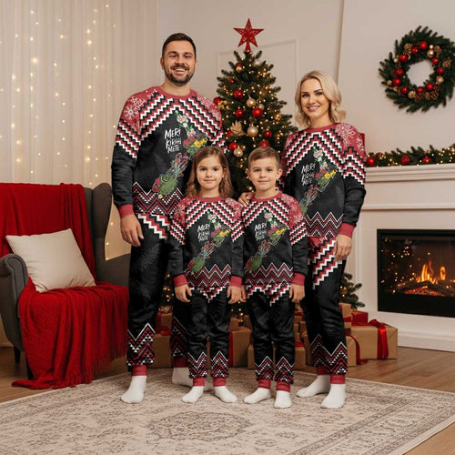 New Zealand Christmas Taniko Poutama Christmas Pajama Set Flora Map with Birds - Aussie Hoodie