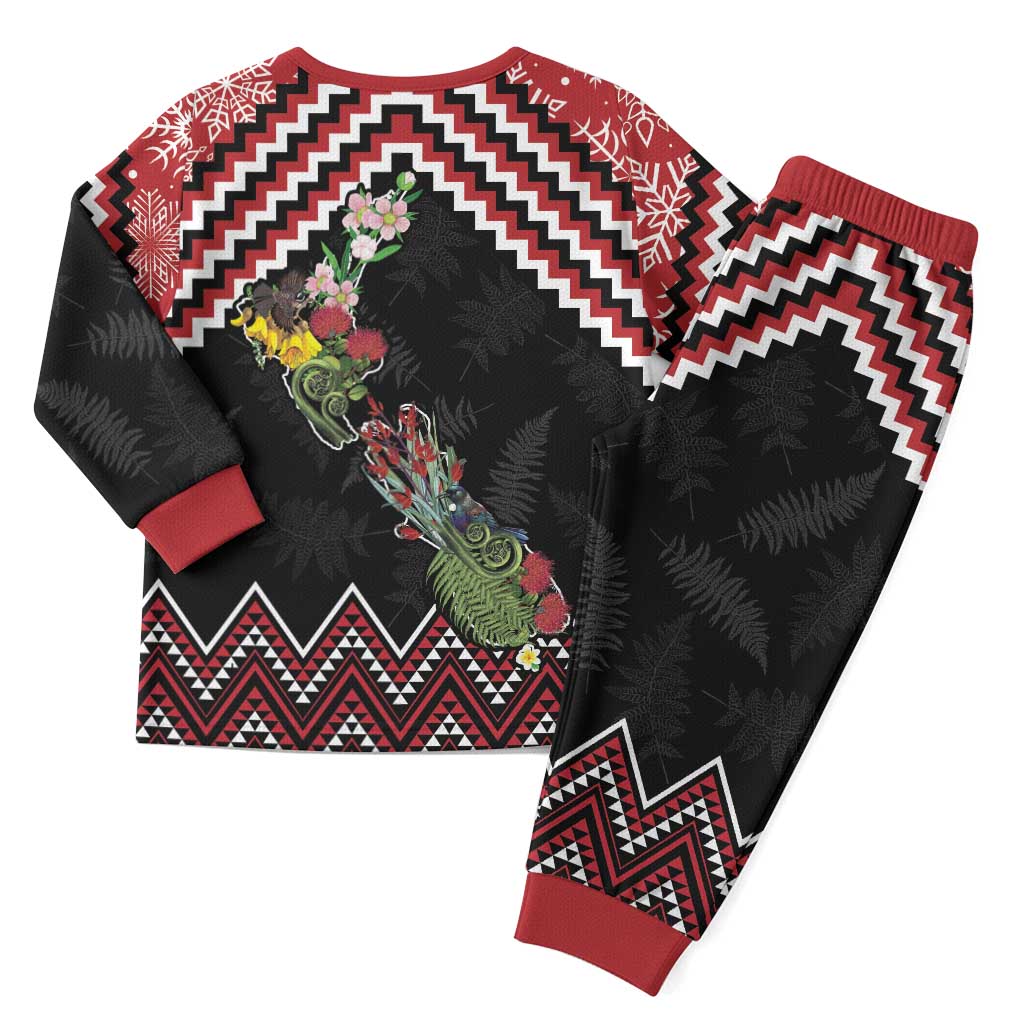 New Zealand Christmas Taniko Poutama Christmas Pajama Set Flora Map with Birds - Aussie Hoodie