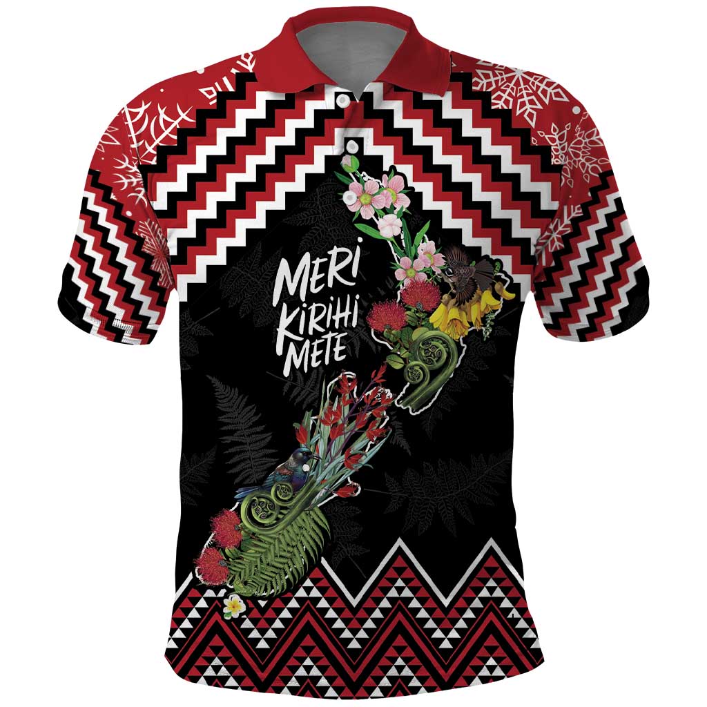 New Zealand Christmas Taniko Poutama Polo Shirt Flora Map with Birds - Aussie Hoodie