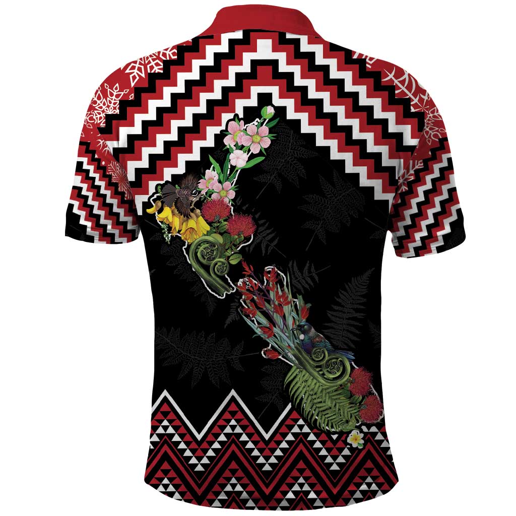 New Zealand Christmas Taniko Poutama Polo Shirt Flora Map with Birds - Aussie Hoodie