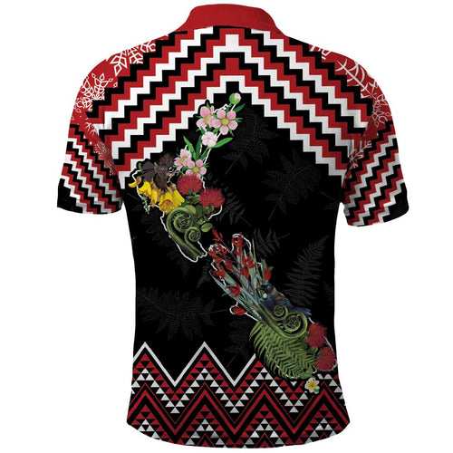New Zealand Christmas Taniko Poutama Polo Shirt Flora Map with Birds - Aussie Hoodie