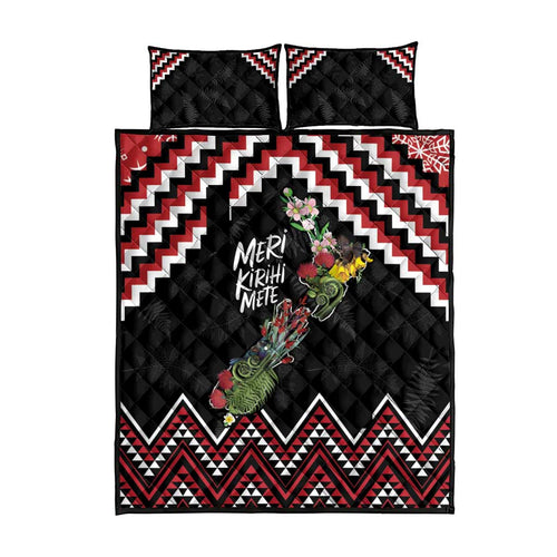 New Zealand Christmas Taniko Poutama Quilt Bed Set Flora Map with Birds - Aussie Hoodie