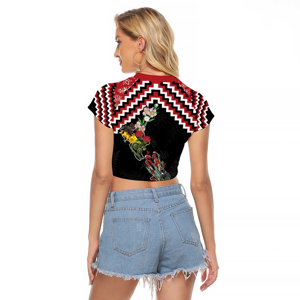 New Zealand Christmas Taniko Poutama Raglan Cropped T Shirt Flora Map with Birds - Aussie Hoodie