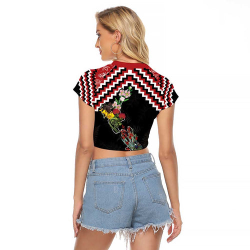 New Zealand Christmas Taniko Poutama Raglan Cropped T Shirt Flora Map with Birds - Aussie Hoodie