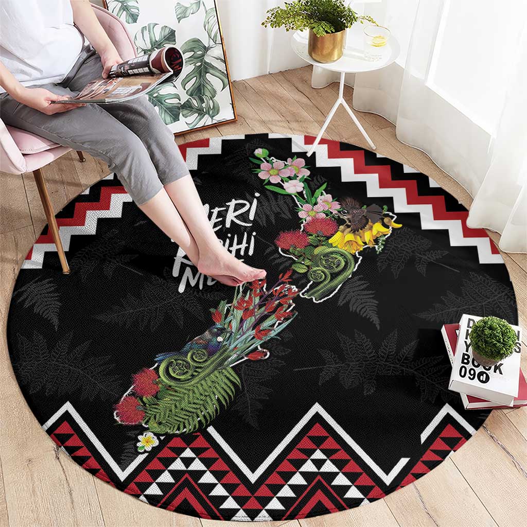 New Zealand Christmas Taniko Poutama Round Carpet Flora Map with Birds - Aussie Hoodie