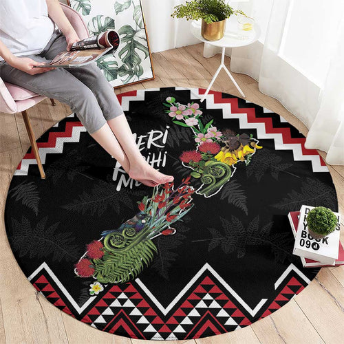 New Zealand Christmas Taniko Poutama Round Carpet Flora Map with Birds - Aussie Hoodie