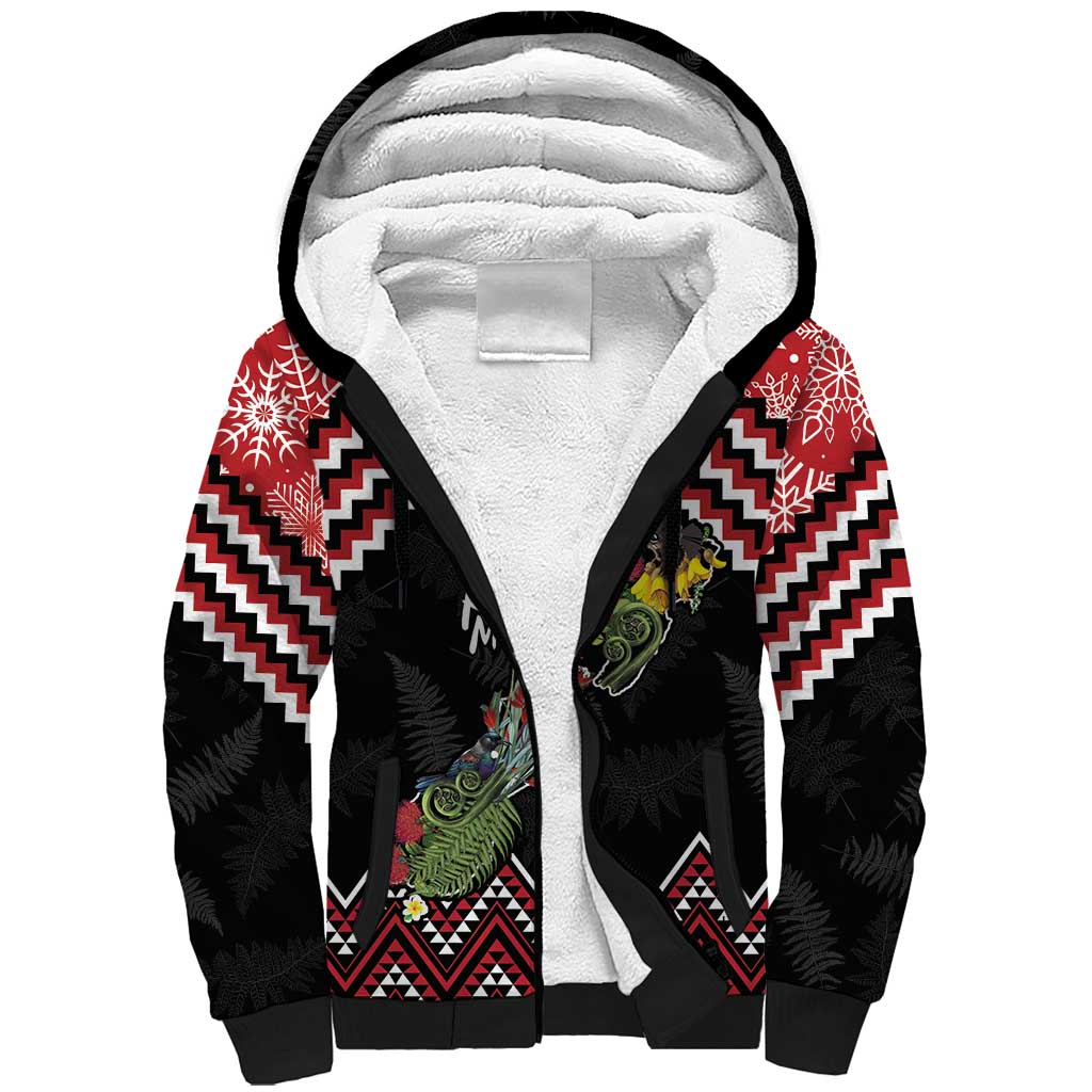 New Zealand Christmas Taniko Poutama Sherpa Hoodie Flora Map with Birds - Aussie Hoodie