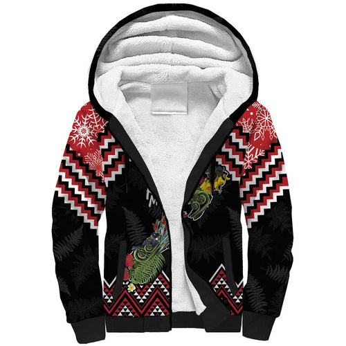 New Zealand Christmas Taniko Poutama Sherpa Hoodie Flora Map with Birds - Aussie Hoodie