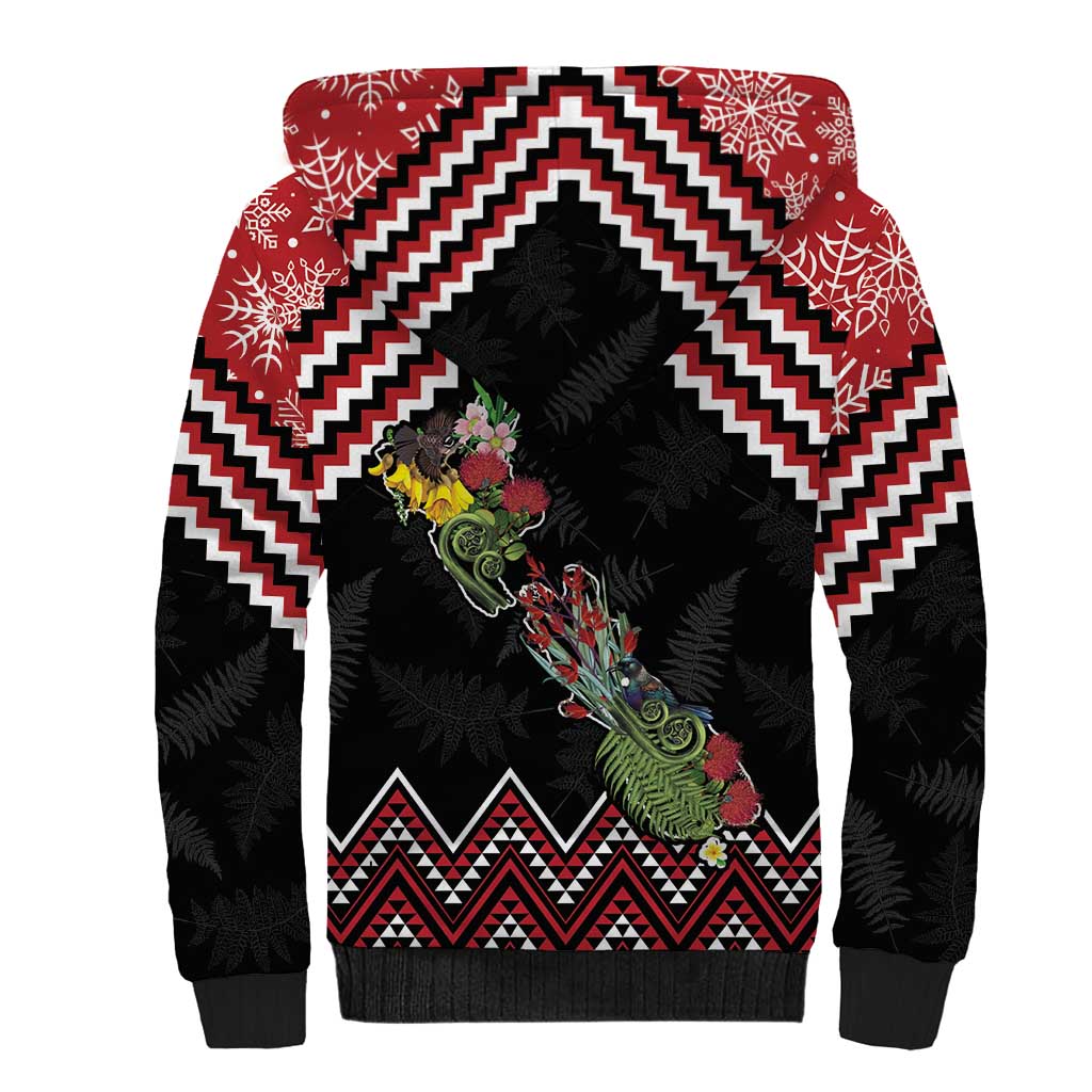 New Zealand Christmas Taniko Poutama Sherpa Hoodie Flora Map with Birds - Aussie Hoodie