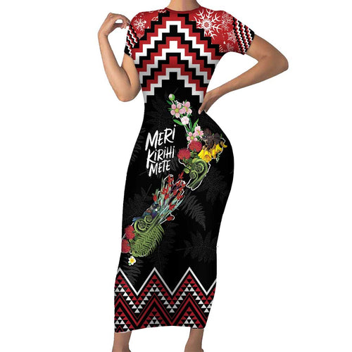 New Zealand Christmas Taniko Poutama Short Sleeve Bodycon Dress Flora Map with Birds - Aussie Hoodie