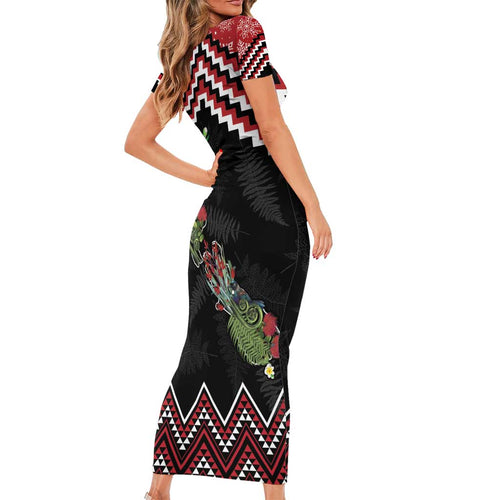 New Zealand Christmas Taniko Poutama Short Sleeve Bodycon Dress Flora Map with Birds - Aussie Hoodie