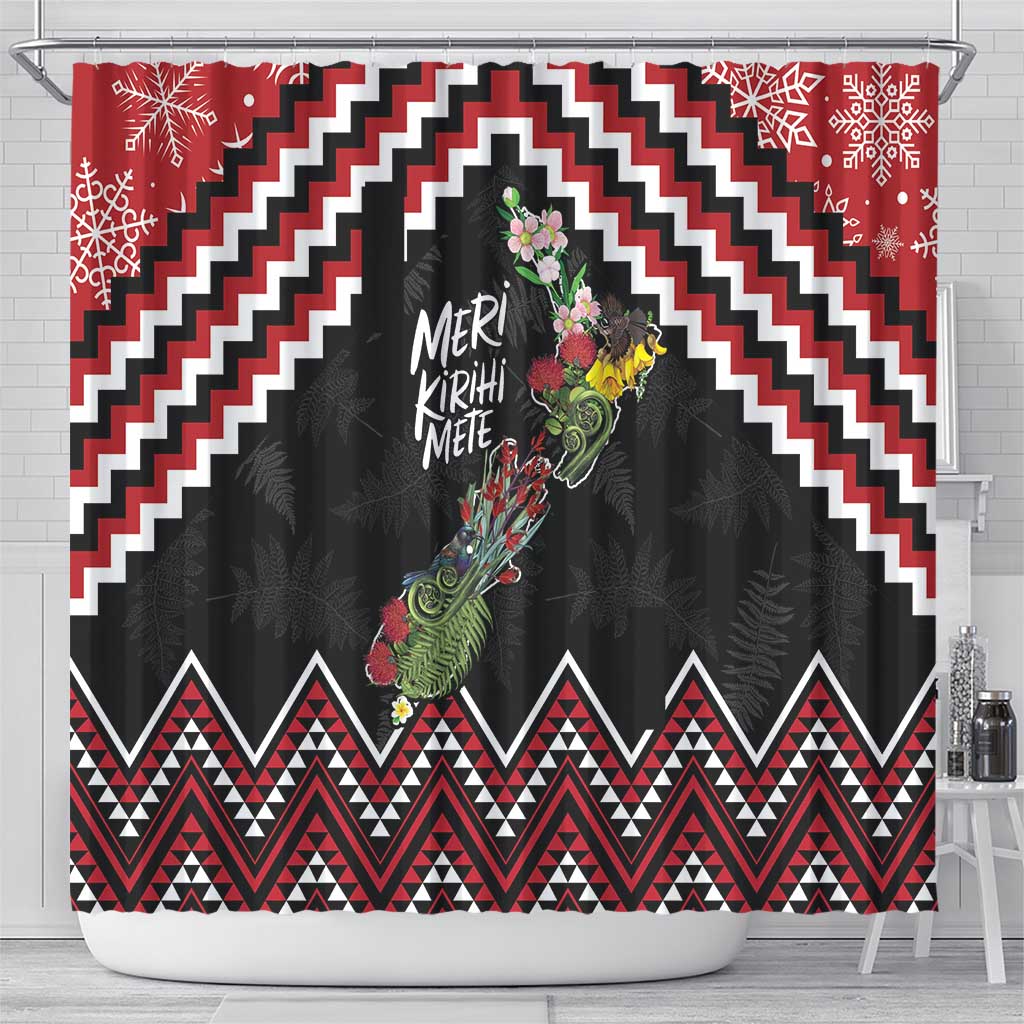 New Zealand Christmas Taniko Poutama Shower Curtain Flora Map with Birds - Aussie Hoodie