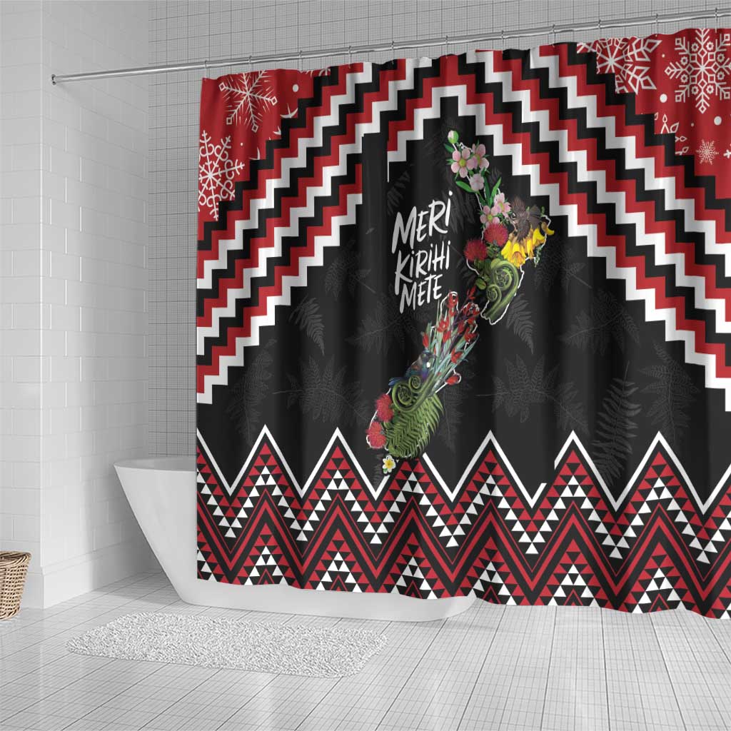 New Zealand Christmas Taniko Poutama Shower Curtain Flora Map with Birds - Aussie Hoodie